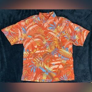 Tommy Bahama Shirt Mens XL Orange 100% Silk Palm Leaf Hawaiian Camp Button